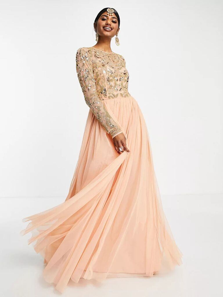 ASOS DESIGN beaded bodice maxi anarkali dress in peach