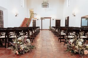 Museum Wedding Ceremony With Simple Decor, Dark Flowers and a Wooden Arch