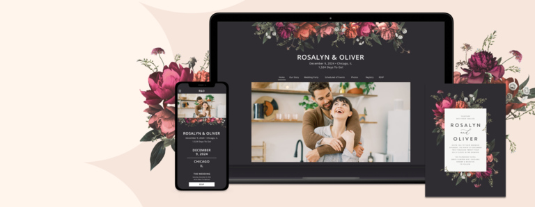 Blooming Botanical with black background wedding website design on a laptop and mobile device with a matching wedding invitation card