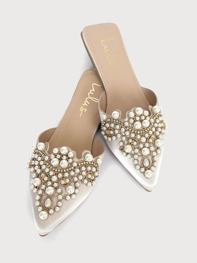 Lulus embellished wedding flats with a sleek pointed toe for the best wedding shoe for brides
