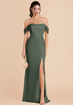 Birdy Grey Mira Chiffon Dress in Eucalyptus Off the Shoulder Bridesmaid Dress