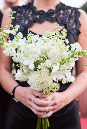 Textured White Dahlia, Wildflower and Delphinium Bouquet