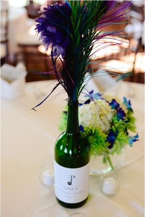 Peacock Feather and Wine Bottle Centerpiece