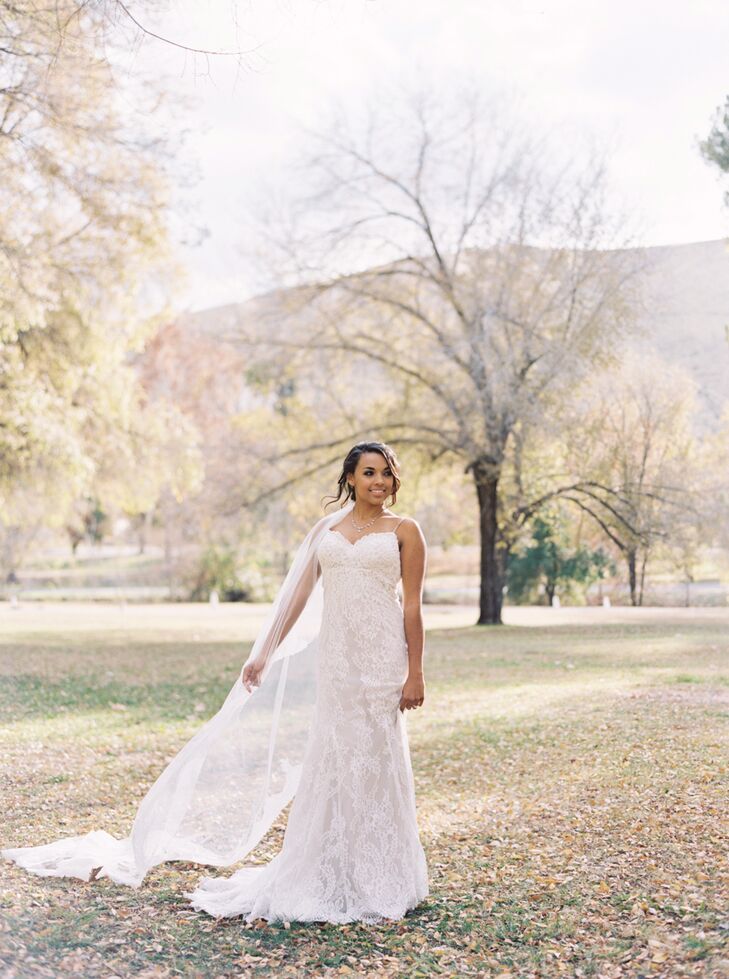 "My dress was designed by Justin Alexander," Danika says. "The fabric was lace on the outside with an inner slip that was a nude color that paired really well with my skin complexion. It was pretty slimming throughout with a beautiful lace tail that continued without the slip underneath."
