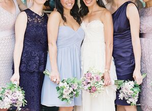 Bridesmaids in Different Styles and Shades of Purple