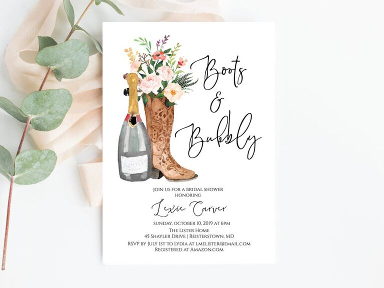 Boots and Bubbly illustrated bridal shower invitation