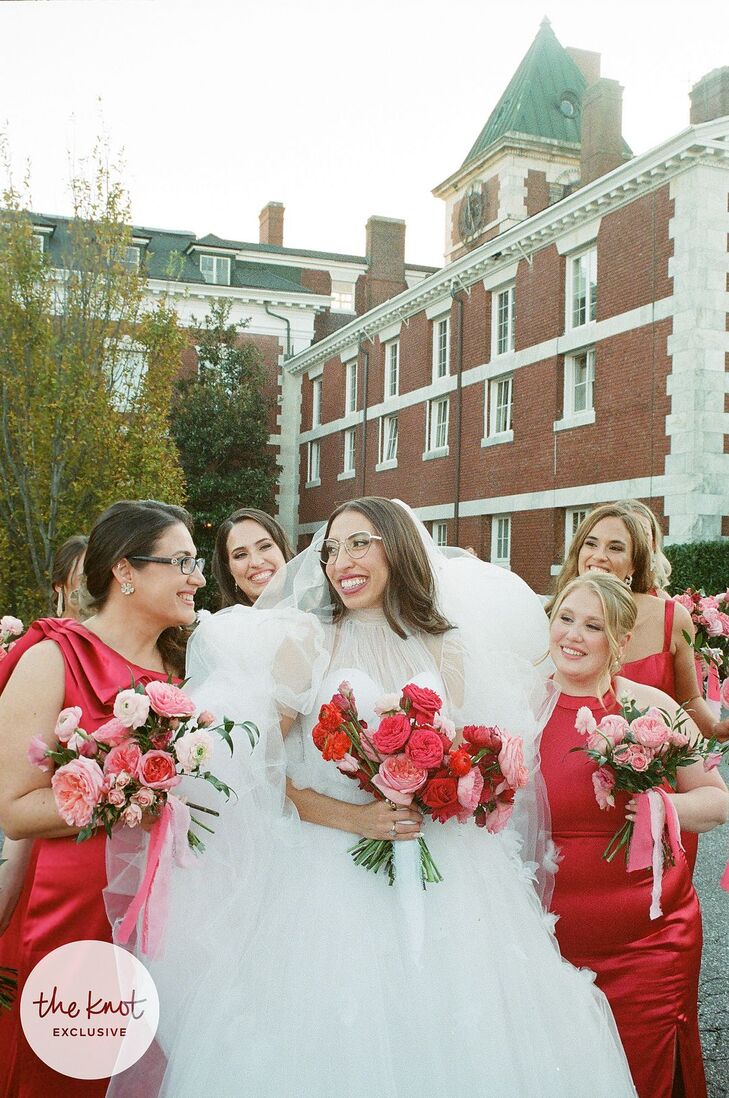 Influencer Caroline Vazzana With Bridesmaids in Red Dresses
