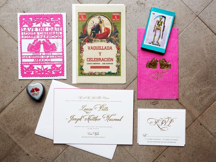 Louisa and Joseph's invitation suite was festive and bright, just like their wedding. Their save-the-date cards were even hot pink papel picado, a perfect touch for their Mexico destination wedding.