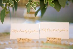 Wine-Cork Escort Cards with Gold Calligraphy