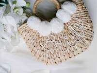 trendy straw "bride" tote with white pompoms