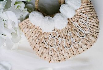 trendy straw "bride" tote with white pompoms