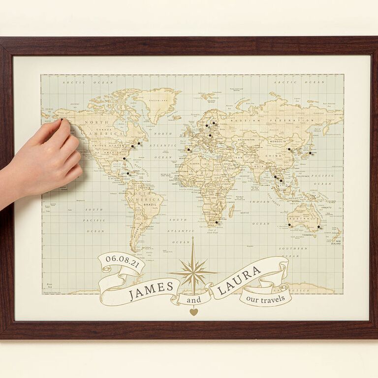 Personalized world map with pushpins 19th anniversary gift