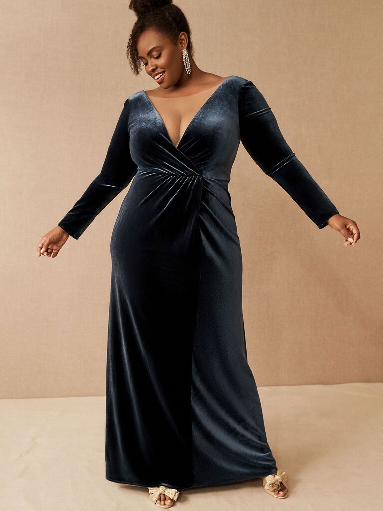 Jenny Yoo fall long-sleeve bridesmaid dress with plunging V-neckline in blue 