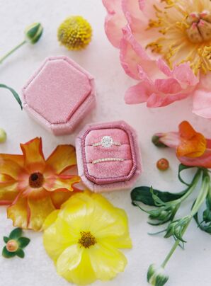Pink Velvet Ring Back With Diamond Solitaire and Wedding Ring