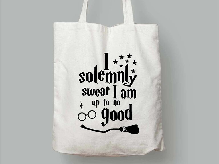 I solemnly swear I am up to no good white tote with HP graphics like Harry's glasses and broomstick