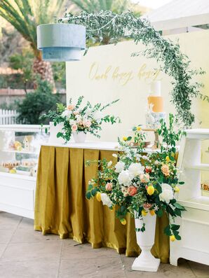 Dessert Bar With Custom Decor, Mustard Velvet Linens, Chandelier With Greenery
