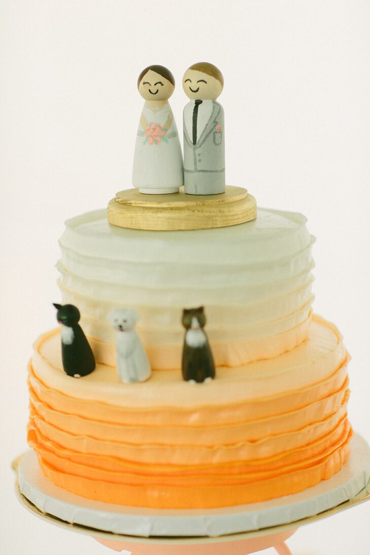 Ombre Wedding Cake with Wooden Bride, Groom and Cat Cake Toppers