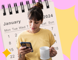 Collage of woman looking at phone calendar in front of large calendar design