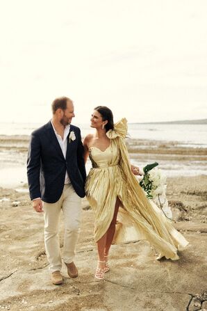 Bride in Dramatic Gold Wedding Dress With Bow