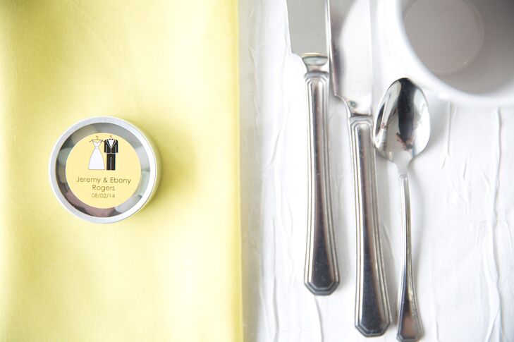 Their friends and family members took home a refreshing keepsake: pocket-sized mints. Each one was personalized with their names and wedding date on the yellow label.