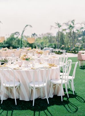 Reception Table With Striped Pink-and-White Linens