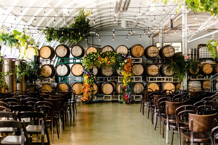 Wedding Ceremony With Wood Wine Barrels at Coopers Hall in Portland, Oregon
