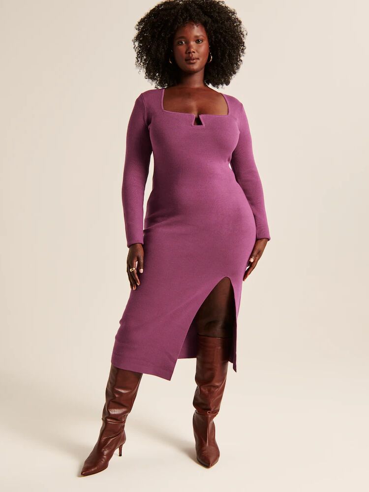 plus-size berry sweater wedding guest dress for chilly spring weddings