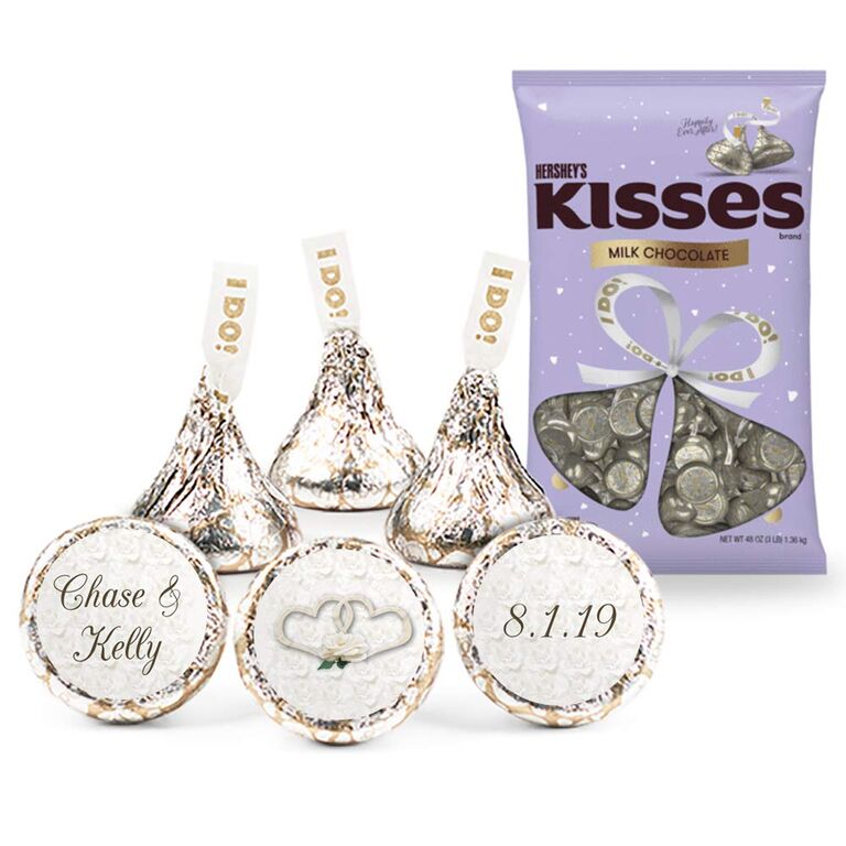 Hershey's kisses personalized with couples' names and wedding dates