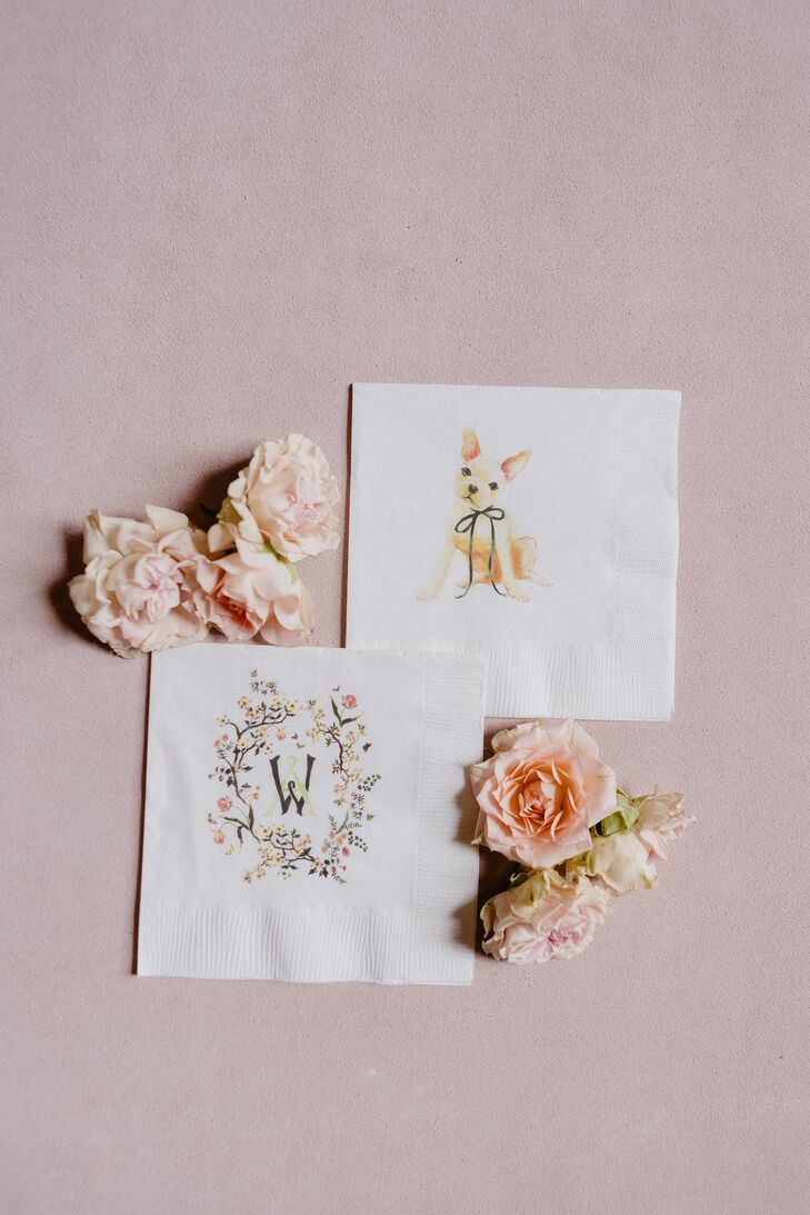 Custom Cocktail Napkins With Floral Crest and Dog Illustrations
