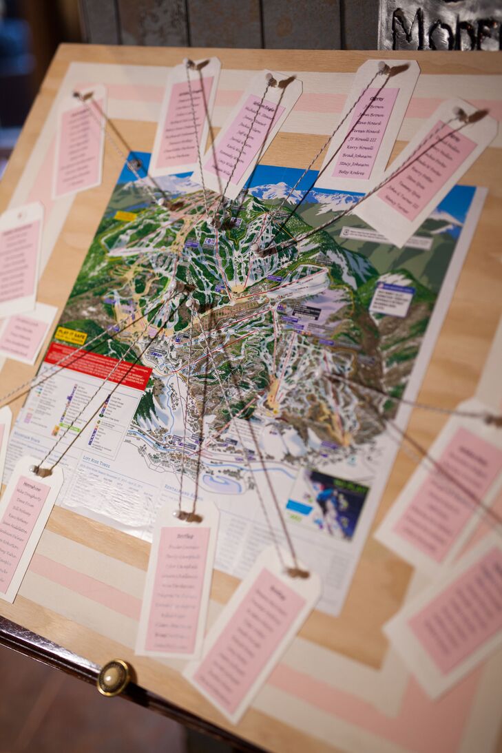 Ashley created a custom seating chart using a map of Beaver Creek Ski Mountain as the backdrop. Each table was named after a run on the mountain, and was marked accordingly.