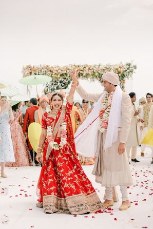 Couple Recessional During Beach Wedding in Mayakoba, Mexico