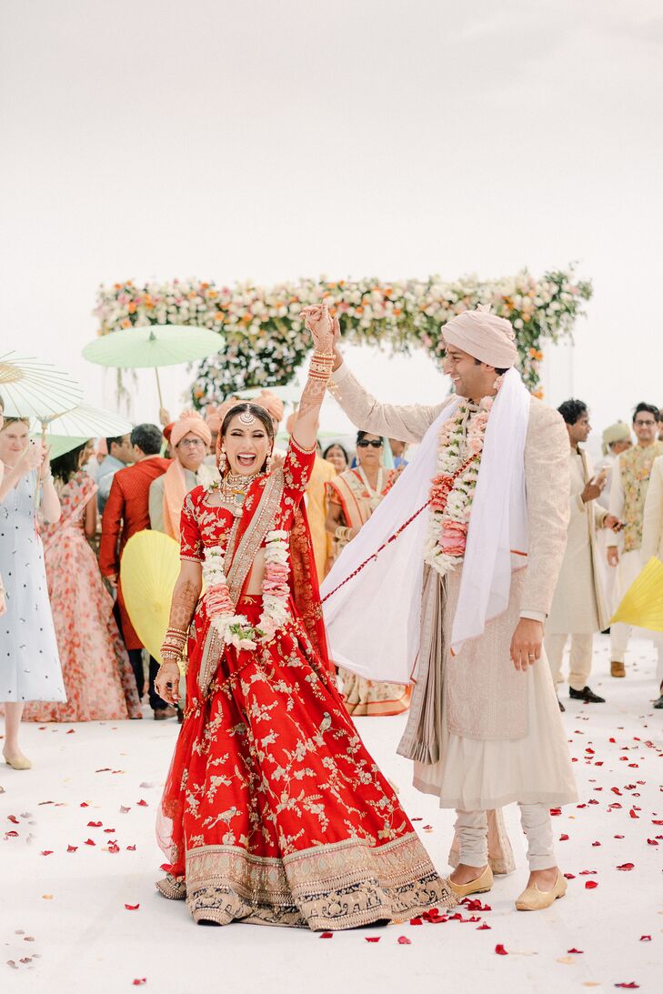 Couple Recessional During Beach Wedding in Mayakoba, Mexico