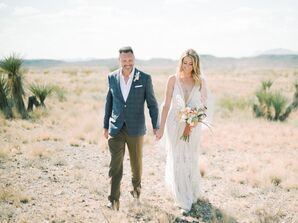Rustic Desert Couple with Blue Suit Jacket and Formfitting Wedding Dress
