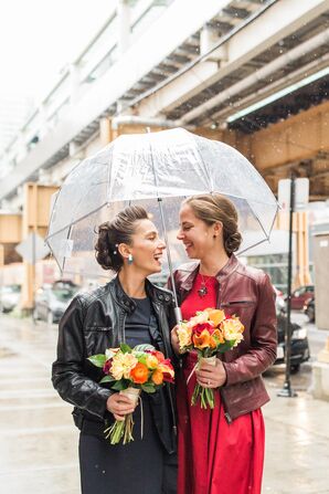 Brides Stroll Through the Rain with Bouquets