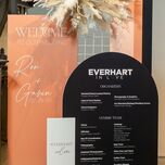 Colorful wedding hashtag sign on seating chart at reception