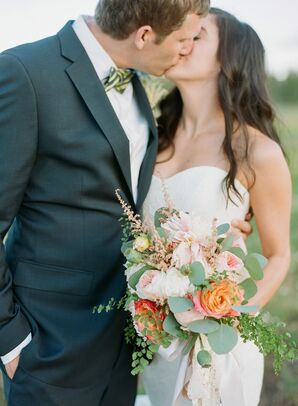Ivory and Coral Garden Rose and Fern Wedding Bouquet