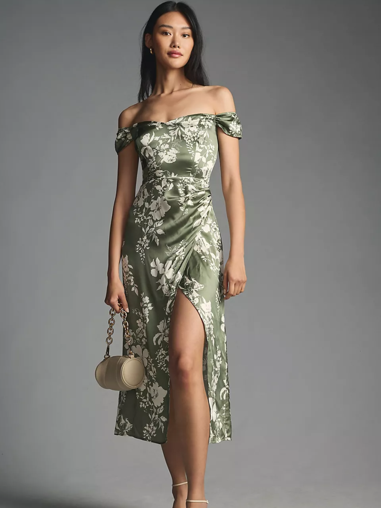 Green floral wedding guest cocktail dress from Reformation