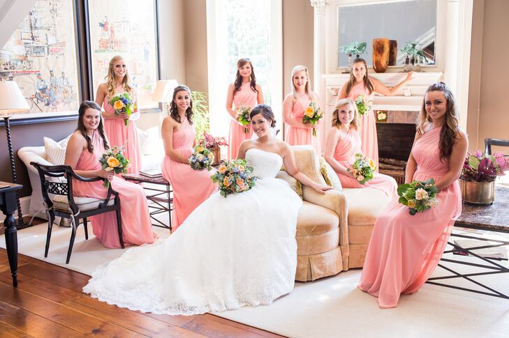 The bridesmaids wore one-shoulder floor-length dresses in a light peach hue—perfect for a Georgia wedding.