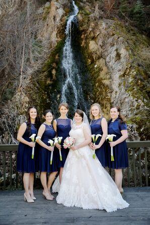Navy Illusion Neckline Bridesmaid Dresses