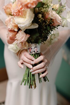 Charms With Bride's Late Grandfathers on Bouquet Wrap, Light Pink and White Bouquet, Neutral Nail Polish