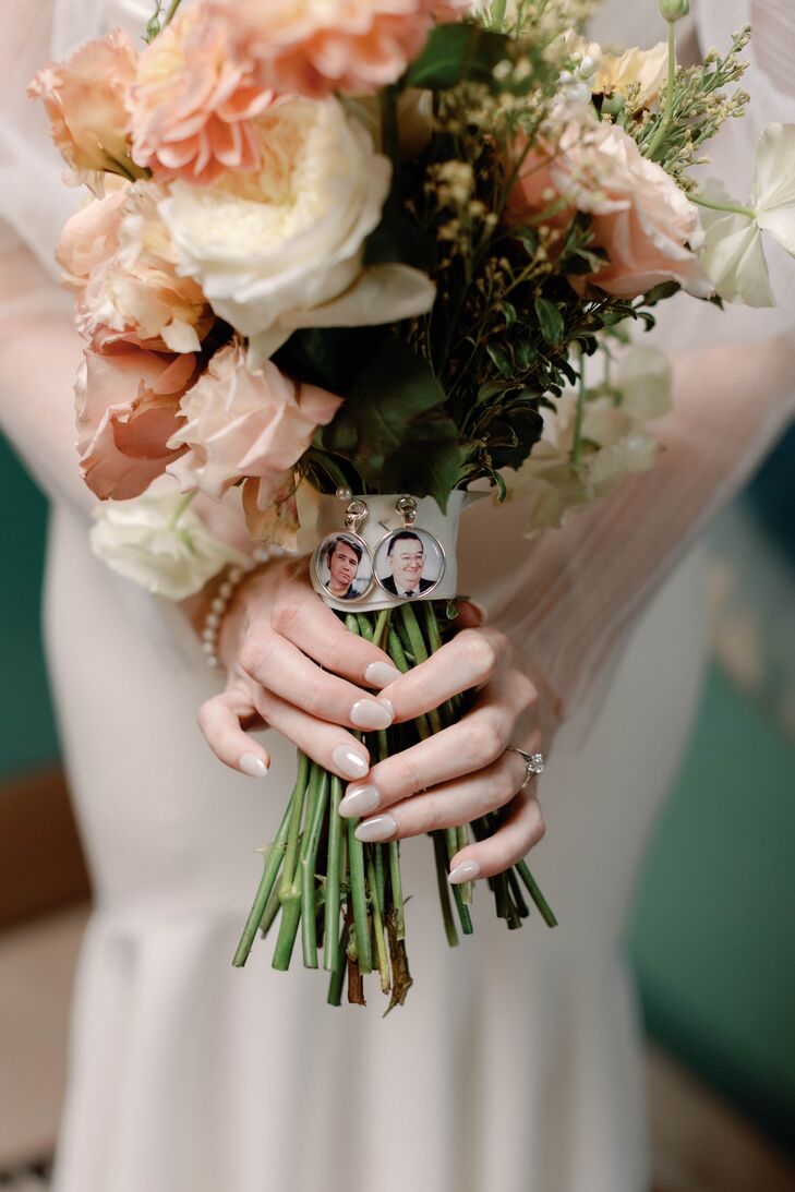 Charms With Bride's Late Grandfathers on Bouquet Wrap, Light Pink and White Bouquet, Neutral Nail Polish