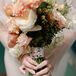 Charms With Bride's Late Grandfathers on Bouquet Wrap, Light Pink and White Bouquet, Neutral Nail Polish