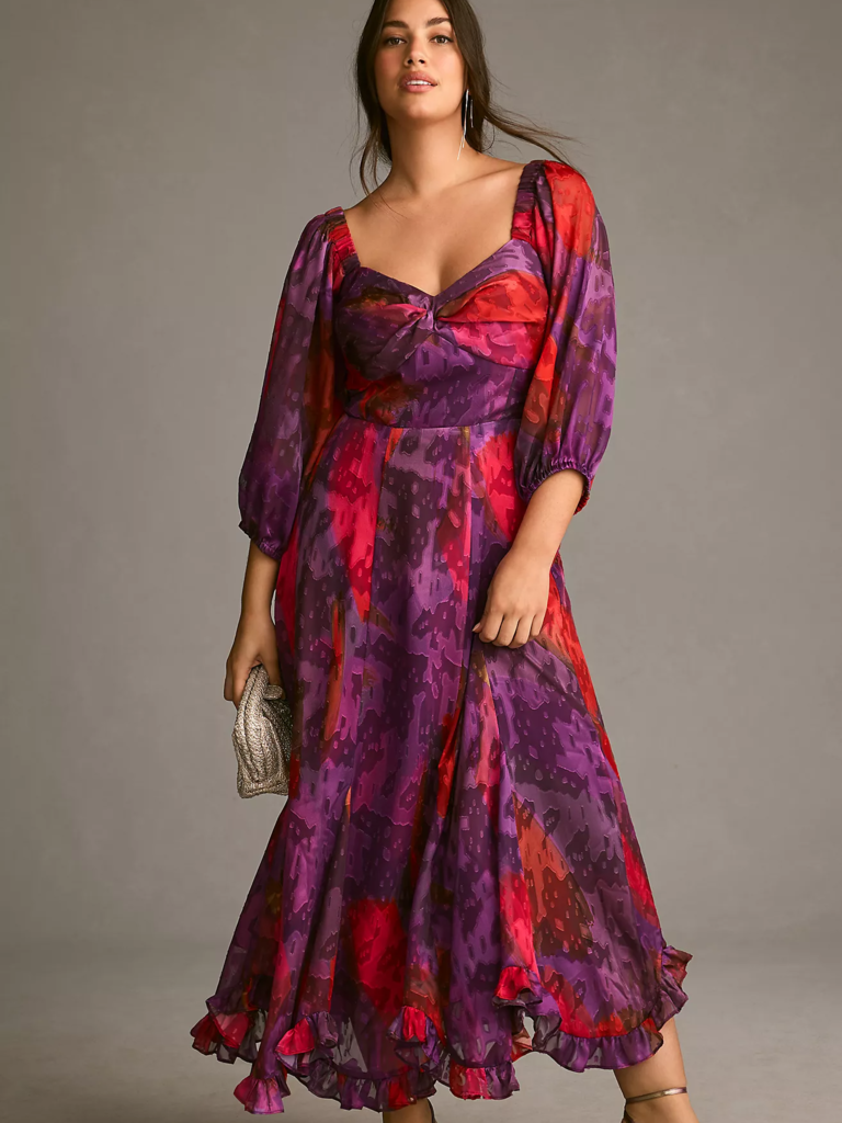Plus-size purple and red sorbet print mother-of-the-bride dress from Hutch