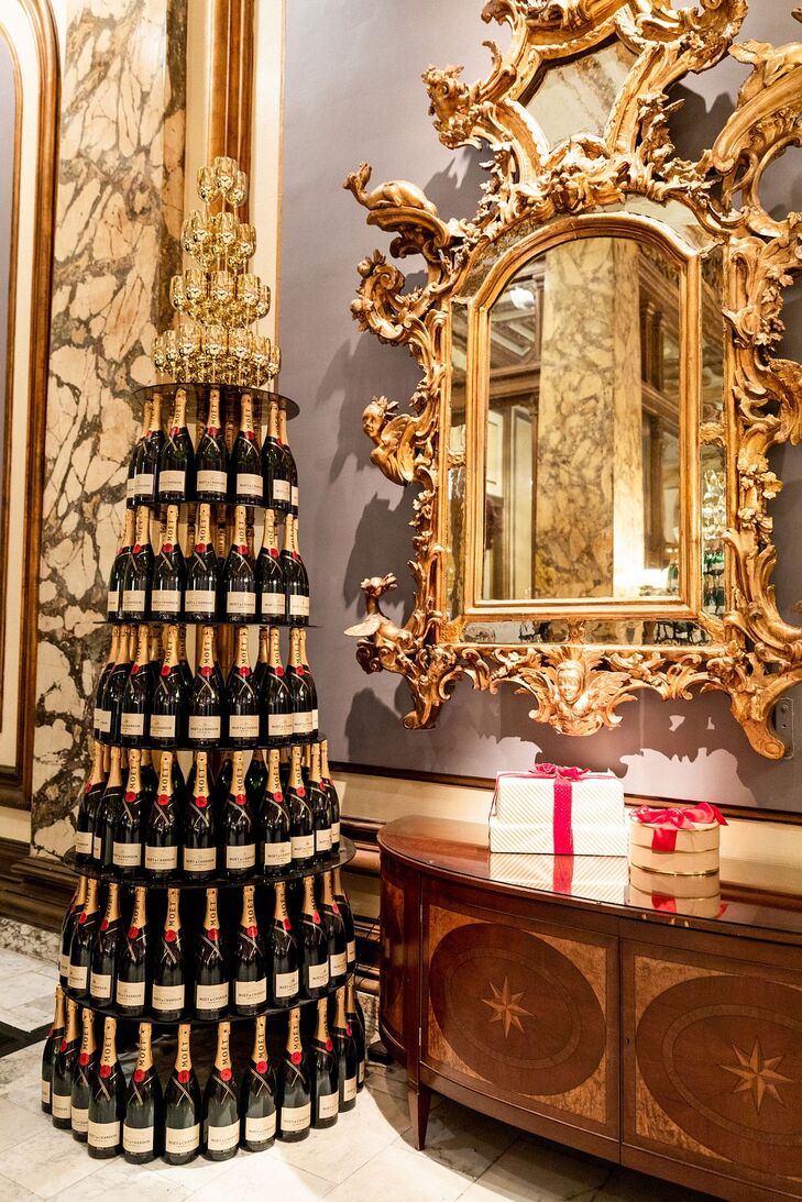 Glamorous Champagne Tower and Gold Decorations