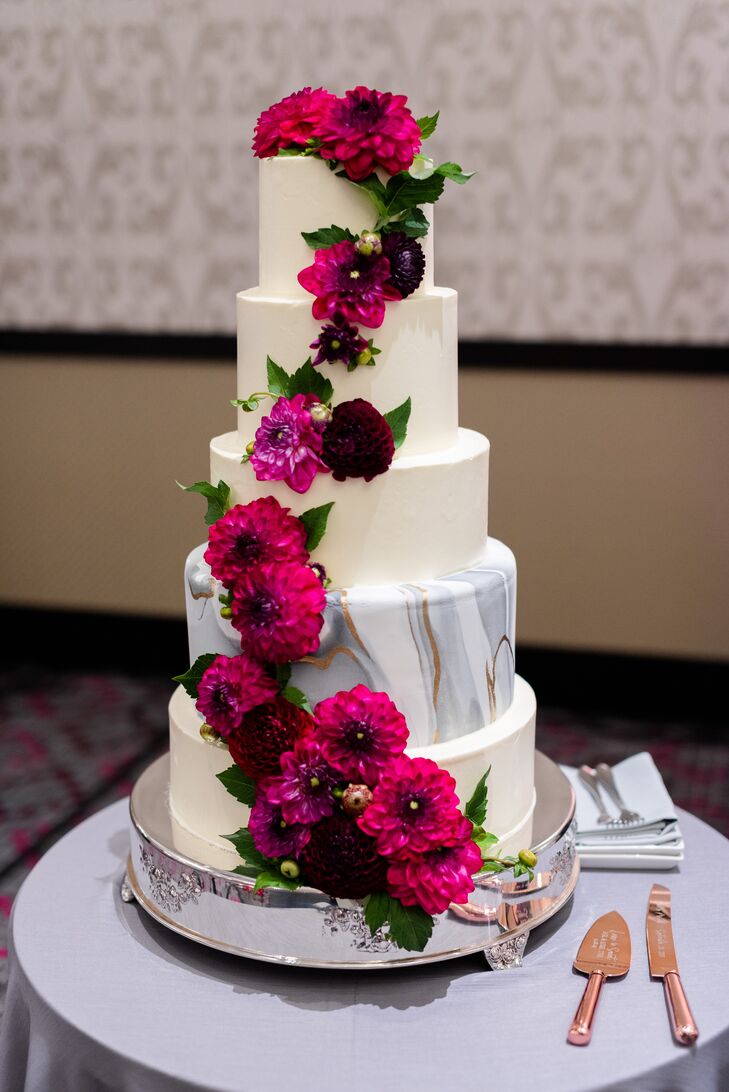 Modern Tiered Fondant Cake with Red Flowers