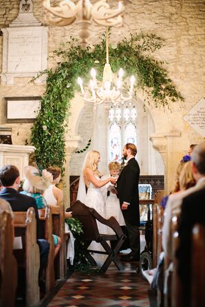 Church Ceremony with Chandelier and Greenery