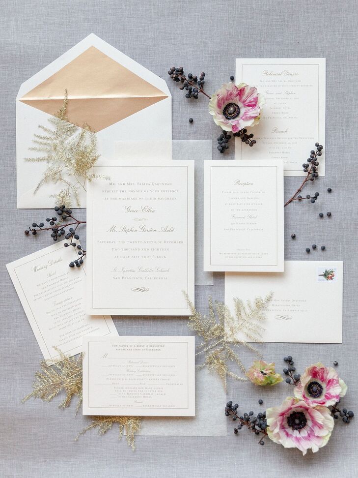 Formal White and Gold Wedding Invitations with Typography