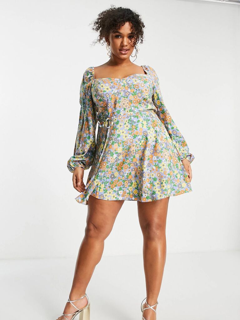 ASOS Design corset floral mini wedding guest dress with puffed long sleeves