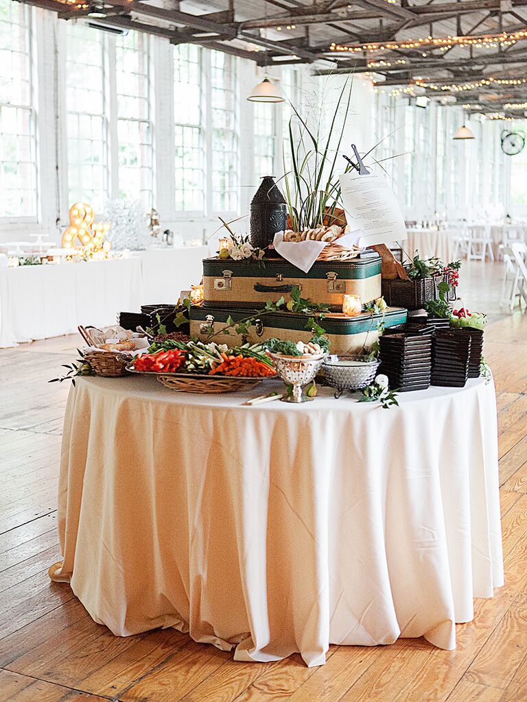 Travel-themed buffet idea for wedding reception food