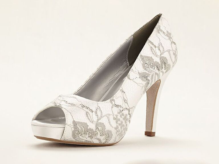 david's bridal white and silver metallic lace wedding pump with peep toe